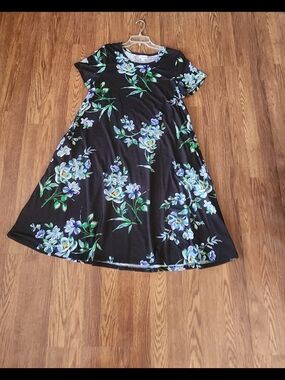 Black Floral Short-Sleeve Dress - Blue & Green Bloom